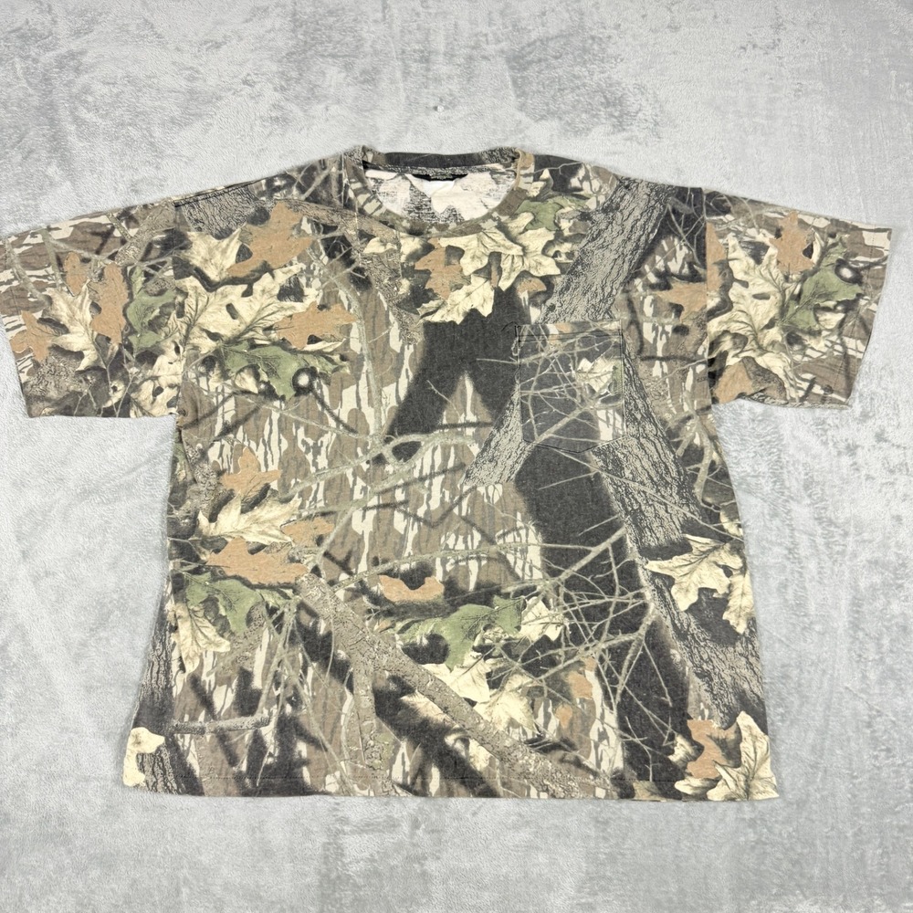Vintage Wolf Mountain Mens XL T-Shirt Camo Pocket Single Stitch Mossy Oak Camo